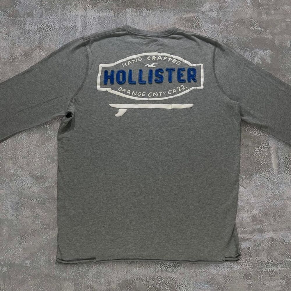 Hollister Men's XL Gray Long Sleeve Crew Neck Surfboard Graphic T-Shirt VTG Y2K